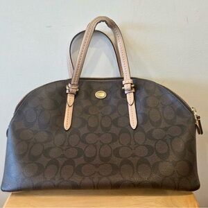 🎀Coach Brown Signature Dome Satchel with Pale Pink Handles